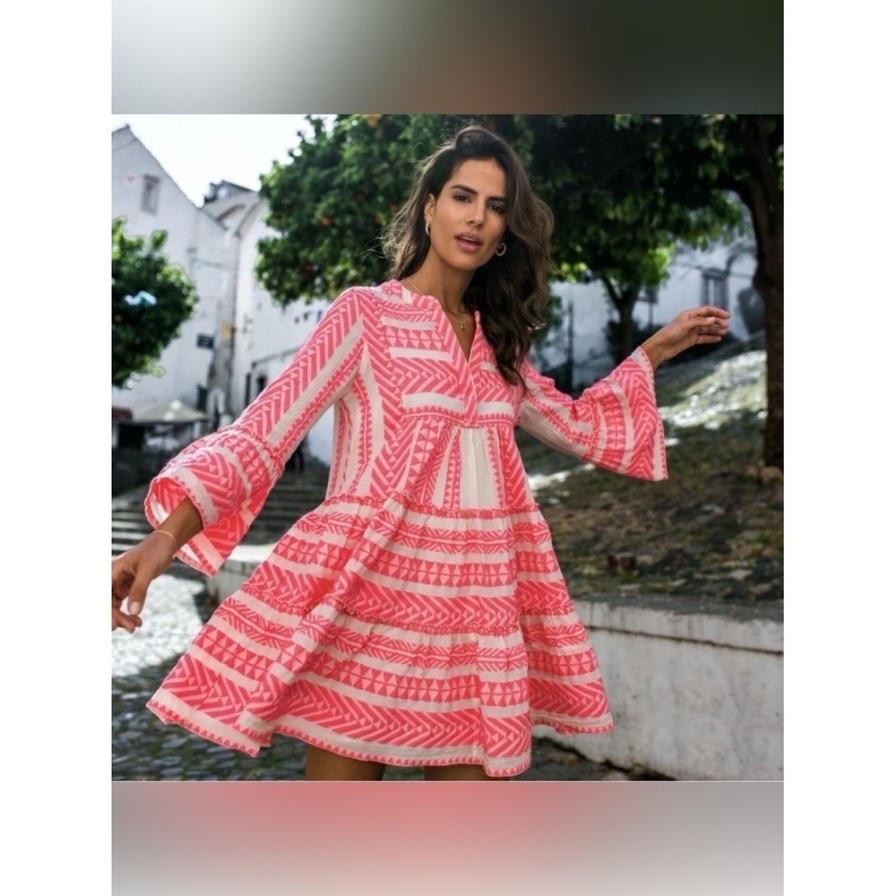 Devotion Twins Ella Embroidered‎ Cotton Mini Dress Small Pink and White